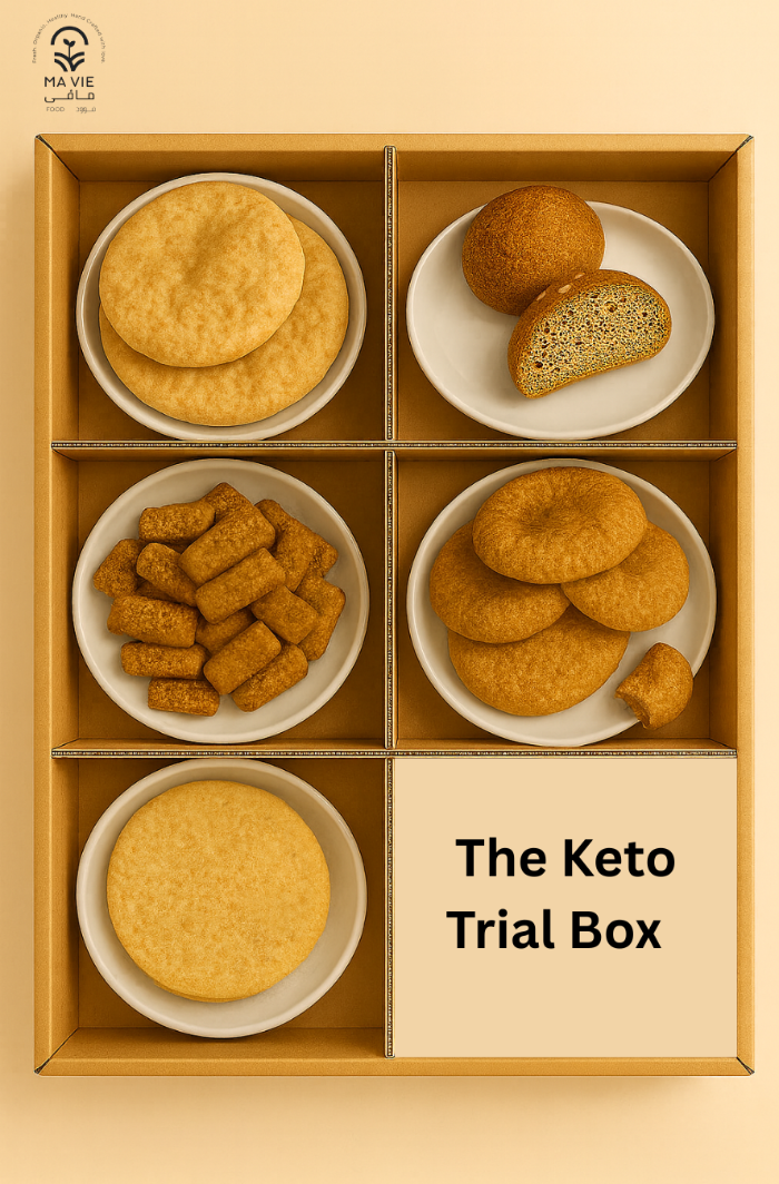 The Keto Trial Box عيش بلدى لوز + عيش بلدى سمسم + عيش كيزر + قاعدة بيتزا + منين