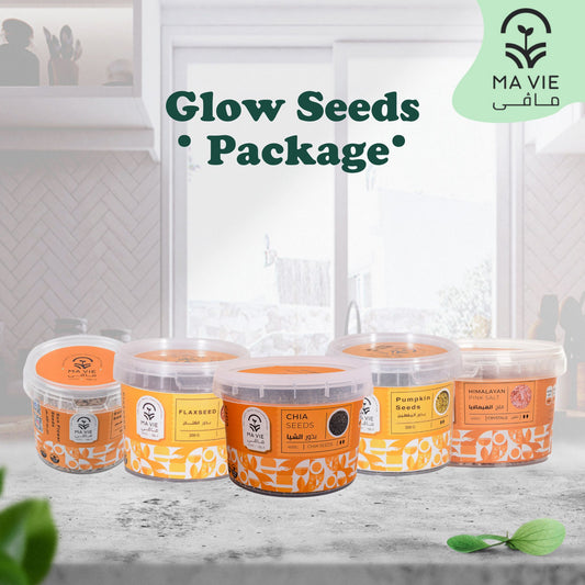 Glow Seeds Package (علبة بذور الشيا + علبة بذور عباد الشمس + علبة بذور اليقطين + علبة بذور الكتان + علبة ملح الهيمالايا الخشن)